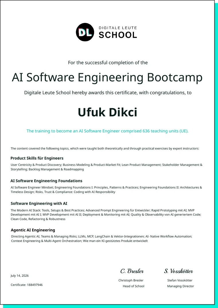 AI Software Engineering Bootcamp certificate, Digitale Leute School, issued July 14, 2026