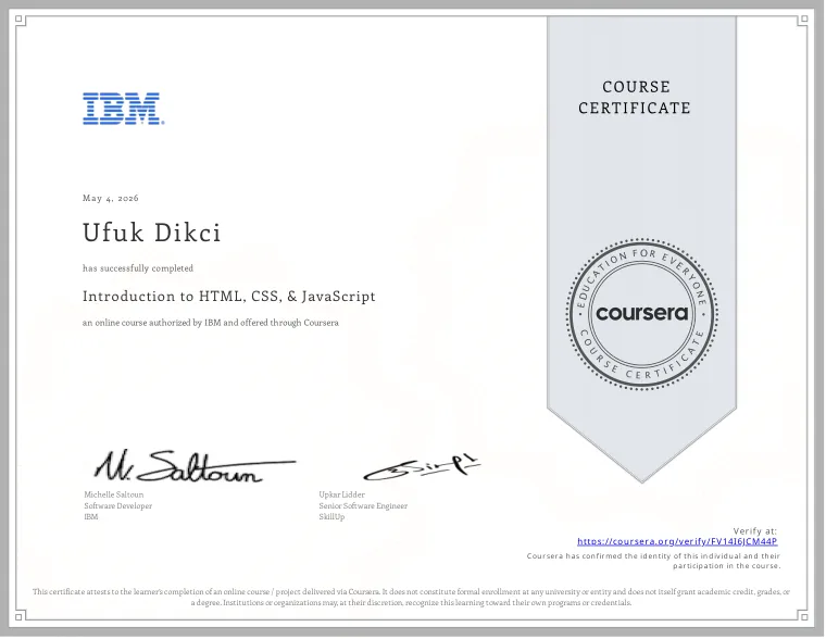 Introduction to HTML, CSS and JavaScript certificate