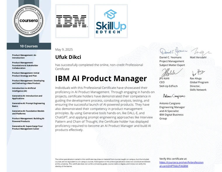 IBM AI Product Manager certificate, issued May 9, 2025
