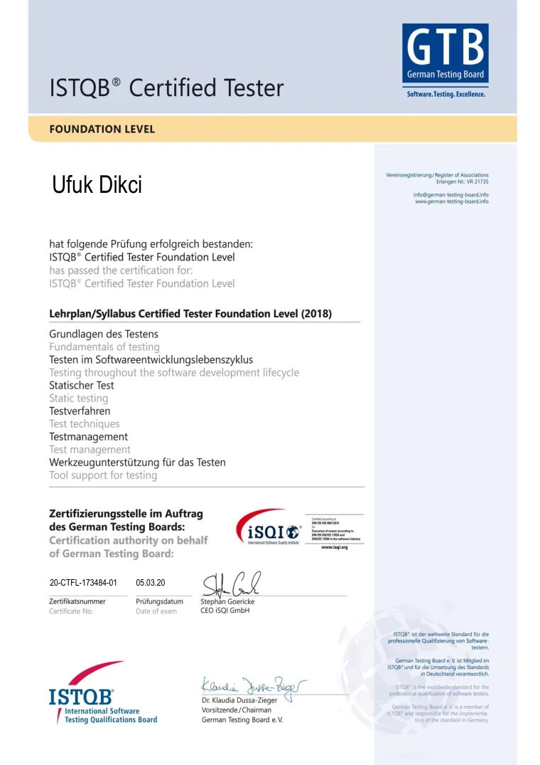 ISTQB Certified Tester Foundation Level certificate