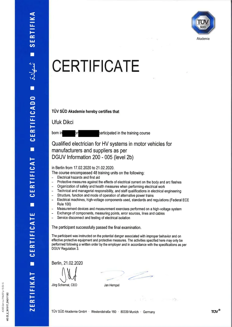 TÜV SÜD certificate, qualified electrician for high-voltage systems in motor vehicles